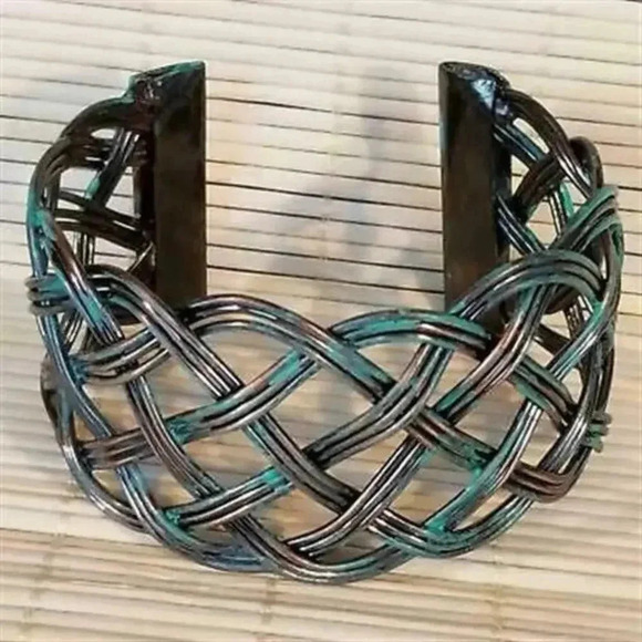 Hand Painted Distressed Patina Steampunk Antiqued Copper Braided Cuff Bracelet - Picture 1 of 6